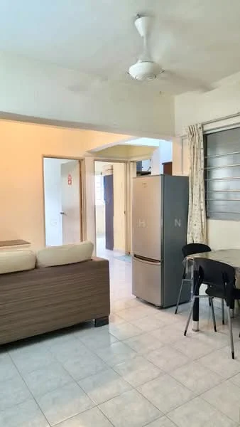 Living features: 3-seater fabric sofa in beige, refrigerator, ceiling fan, tile flooring, light-colored walls, window with blinds, dining table with chairs, open layout to adjacent room; style: modern. Room features: light-colored walls, tile flooring, doorway leading to another room.