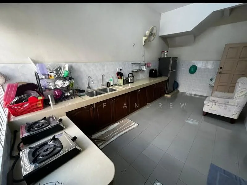 Kitchen features: single-bowl stainless-steel sink, chrome pull-down faucet, granite countertop, white tiled backsplash, dark wood cabinetry, 2-burner gas hob, stainless-steel fridge, microwave, kettle, dish rack, wall-mounted fan, grey ceramic tile flooring; style: modern.