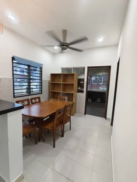 Dining features: wooden dining table with 6 chairs, ceiling fan, white painted walls, tile flooring, window with horizontal slats, built-in wooden shelving unit, light fixtures, open layout to adjacent room; style: modern. Room features: glass panel door, white painted walls, tile flooring.