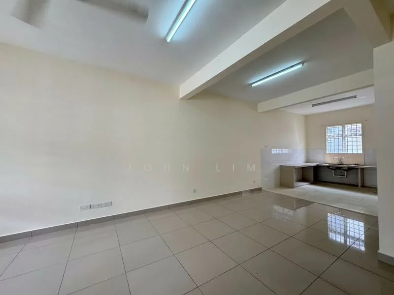 Living features: white painted walls, glossy tile flooring, ceiling with fluorescent lighting, large window with grid pattern, open layout to kitchen, neutral color scheme, no visible furniture, high ceiling; style: modern. Kitchen features: kitchen countertop, sink, cabinets, tile backsplash, window above sink, fluorescent lighting, open layout to living area; style: modern.