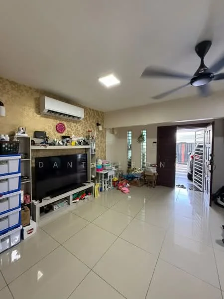 Living features: cream painted walls, glossy ceramic tile flooring, 5-blade ceiling fan with light, wall-mounted air conditioning unit, large flat-screen TV, TV console with storage, open shelving units, various decorative items, door leading outside, visible clutter with children's toys; style: modern.