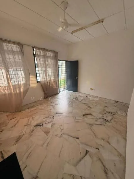 Room features: marble flooring, white painted walls, large windows with sheer curtains, black door, ceiling fan, natural light, grid-patterned window, corner view; style: minimalist; view: garden.