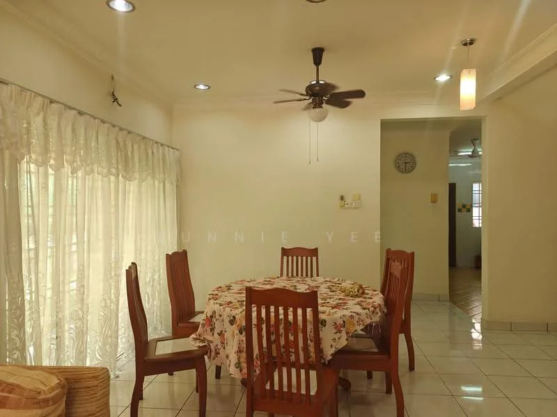Dining features: round dining table with floral tablecloth, 6 wooden dining chairs, white painted walls, glossy white tile flooring, 5-blade ceiling fan with light, large window with sheer curtains, recessed lighting, wall clock, decorative ceiling rose; style: modern. Room features: white painted walls, glossy white tile flooring, doorway leading to another room.
