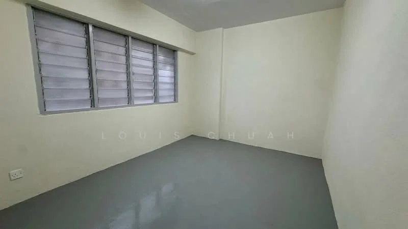 Room features: light yellow painted walls, grey polished concrete flooring, three vertical sliding windows with metal frames, no visible ceiling features, no visible lighting fixtures; style: minimalist.
