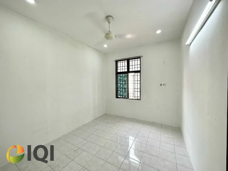 Room features: white painted walls, glossy white tile flooring, ceiling fan, recessed LED downlights, window with grille, no visible furniture or decor; style: minimalist.