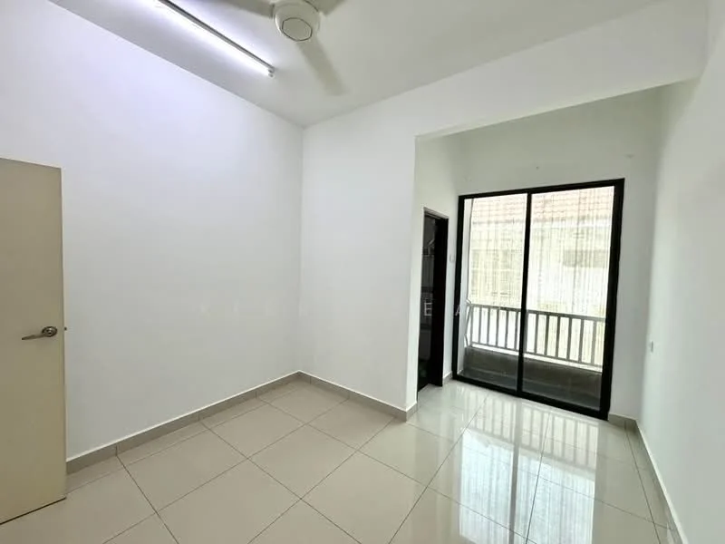 Room features: white painted walls, glossy tile flooring, ceiling fan, sliding glass door, floor-to-ceiling windows, natural light from windows, neutral color scheme, corner balcony access; style: modern; view: garden.