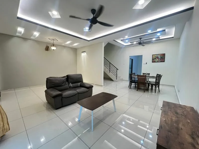 Living features: 3-seater leather sofa in black, coffee table with white legs, wall-mounted TV, recessed LED downlights, ceiling fan with 3 blades, white painted walls, glossy tile flooring, decorative wall art, open-plan layout with dining area; style: modern. Dining features: 6-seater dining table, wooden dining chairs, ceiling fan with 3 blades, white painted walls, glossy tile flooring; style: modern.