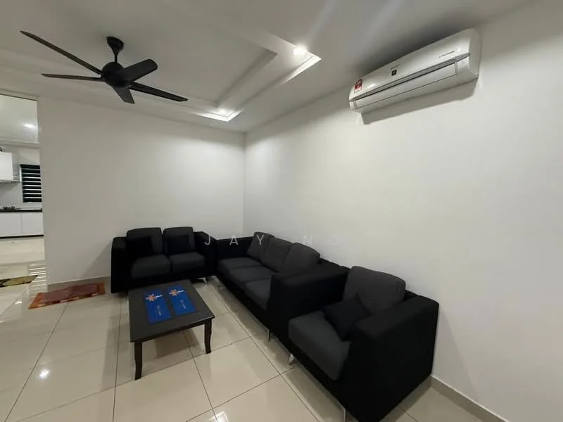 Living features: 5-blade ceiling fan with light, white painted walls, recessed ceiling lights, glossy ceramic tile flooring, 3-seater fabric sofa in black, 2-seater fabric sofa in black, coffee table with blue top, wall-mounted split AC; style: modern.