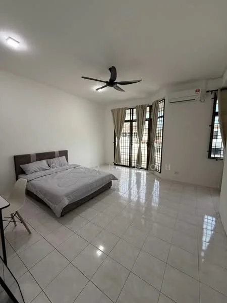 Bedroom features: king-size bed with grey bedding, white walls, glossy white tile flooring, 5-blade ceiling fan with light, floor-to-ceiling windows, sheer curtains, wall-mounted split AC, study desk with chair; style: modern; view: city.