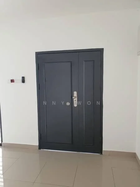 Room features: black front door, metal door frame, white painted walls, glossy beige tile flooring, wall-mounted intercom, wall-mounted air conditioning unit; style: modern.