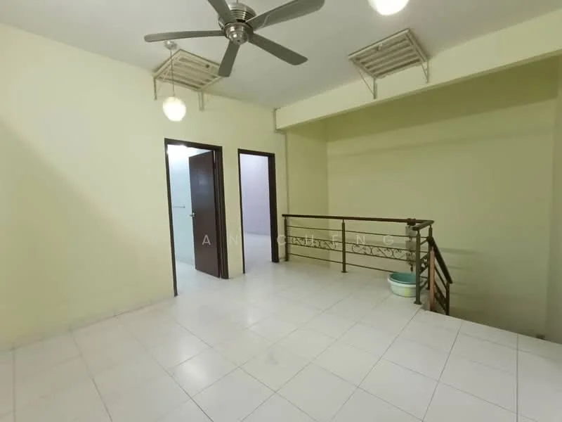 Room features: white painted walls, tile flooring, ceiling fan, 2 ceiling lights, metal railing, open space layout, doorway to adjacent rooms; style: minimalist.