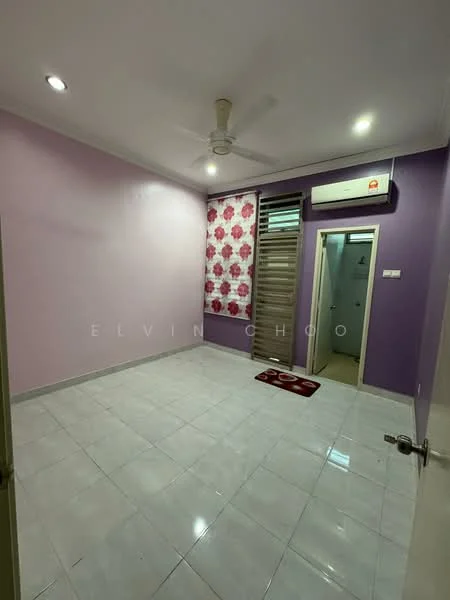 Room features: purple painted walls, white tiled flooring, ceiling fan, wall-mounted air conditioning unit, window with floral curtain, door leading to bathroom, light fixtures, area rug; style: modern.