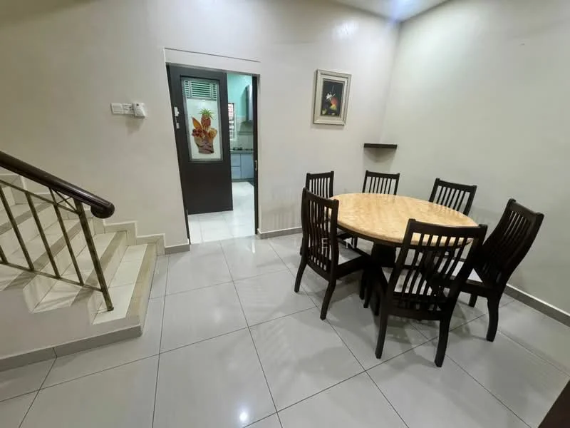 Dining features: round wooden dining table, 6 wooden dining chairs, white painted walls, glossy tile flooring, staircase with metal railing, framed artwork on wall, doorway leading to kitchen, wall-mounted shelf; style: modern.