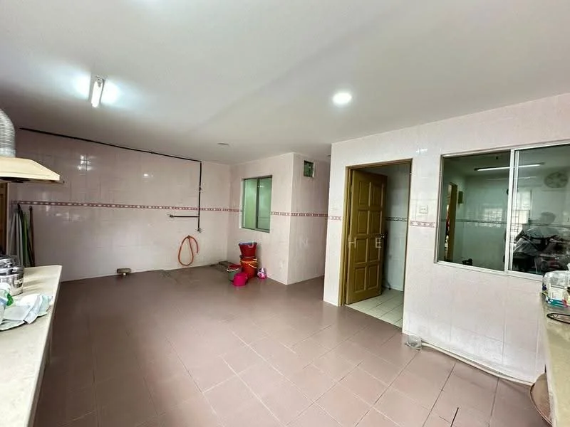 Kitchen features: white tiled walls, light brown tiled flooring, single-bowl stainless-steel sink, countertop with space for appliances, window with no treatments, door leading to another room, exposed plumbing, wall-mounted light fixtures.