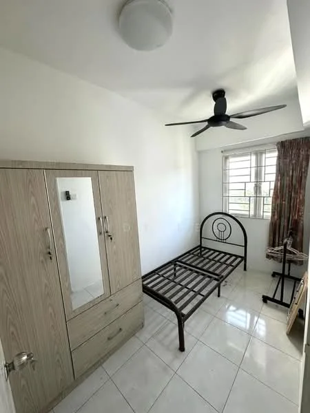 Bedroom features: white painted walls, tile flooring, 5-blade ceiling fan, single bed frame, wardrobe with mirror, curtains, window with grid, metal bed frame.