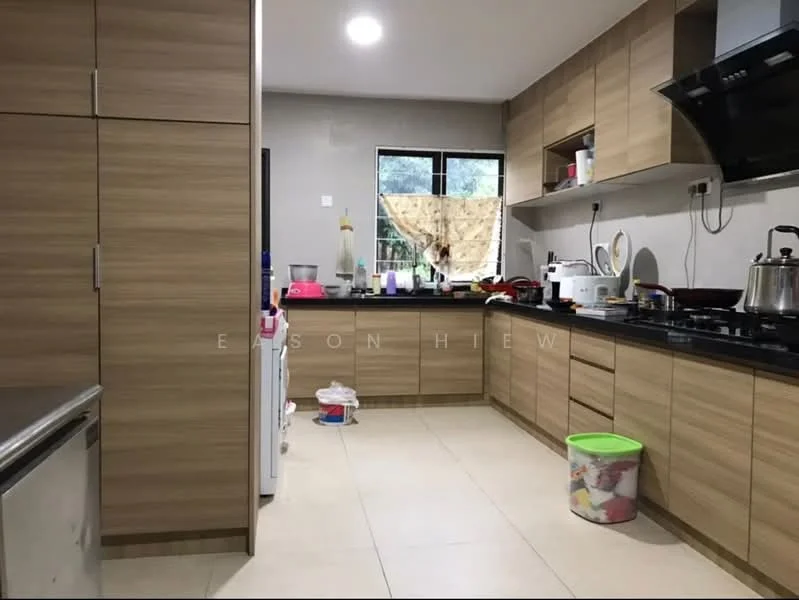 Kitchen features: wood cabinetry, black granite countertop, stainless-steel sink, chrome pull-down faucet, built-in oven, freestanding range oven, microwave, refrigerator, tile flooring, window with view, kitchen island, open shelving, decorative items on countertop; style: modern.