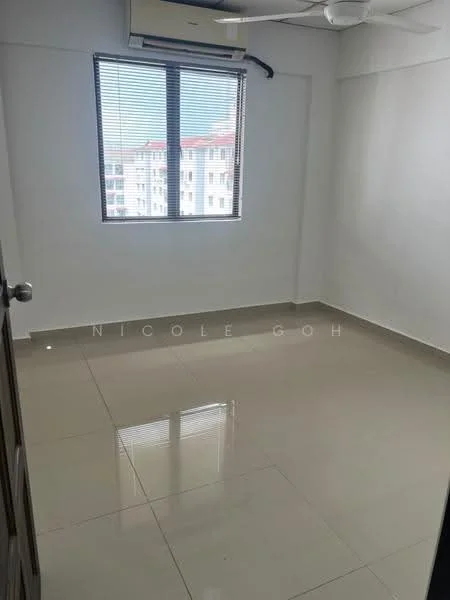 Room features: white painted walls, glossy ceramic tile flooring, ceiling fan, window with horizontal blinds, air conditioning unit, neutral color scheme; style: modern; view: city.