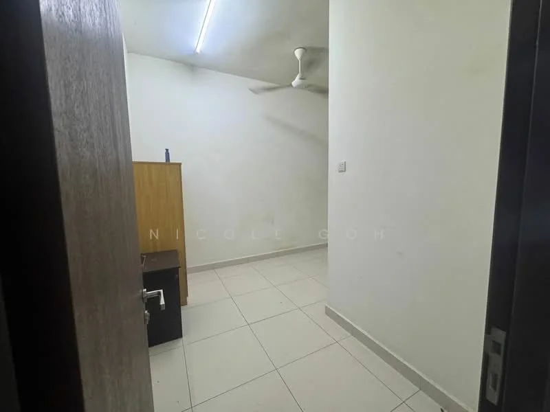 Room features: plain white walls, tile flooring, ceiling fan, built-in wardrobe, wooden cabinet, light fixture, corner space, neutral color scheme.