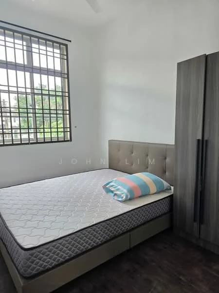 Bedroom features: queen-size bed, upholstered headboard, grey bed frame, striped decorative pillow, wooden flooring, large window with black metal grille, natural light, built-in wardrobe with sliding doors; style: modern; view: garden.