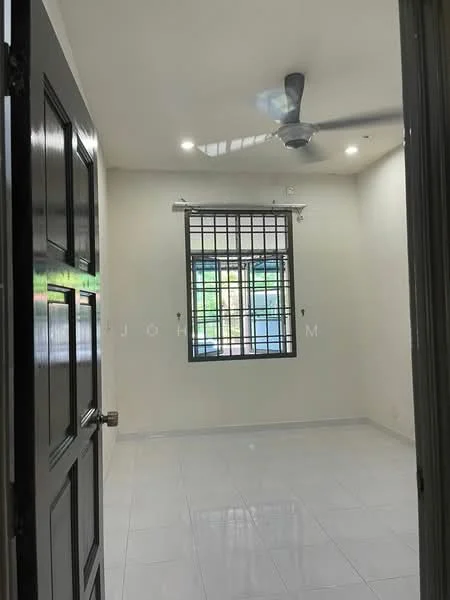 Room features: white painted walls, glossy white tile flooring, ceiling with recessed downlights, 5-blade ceiling fan, window with grid pattern, door with panel design; style: modern; view: garden.