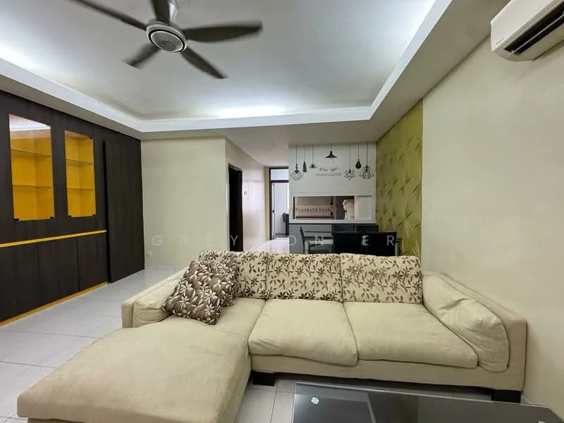 Living features: 3-seater fabric sofa in beige with floral pattern, coffee table, wall-mounted TV, ceiling fan, recessed downlights, cream painted walls, accent wall with geometric pattern, tile flooring, built-in cabinetry with glass doors, open layout to kitchen, air conditioning unit; style: modern.