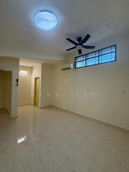 Room features: white painted walls, glossy tile flooring, 5-blade ceiling fan, recessed ceiling light, window with horizontal bars, air conditioning unit, doorway leading to another room, neutral color scheme; style: modern.