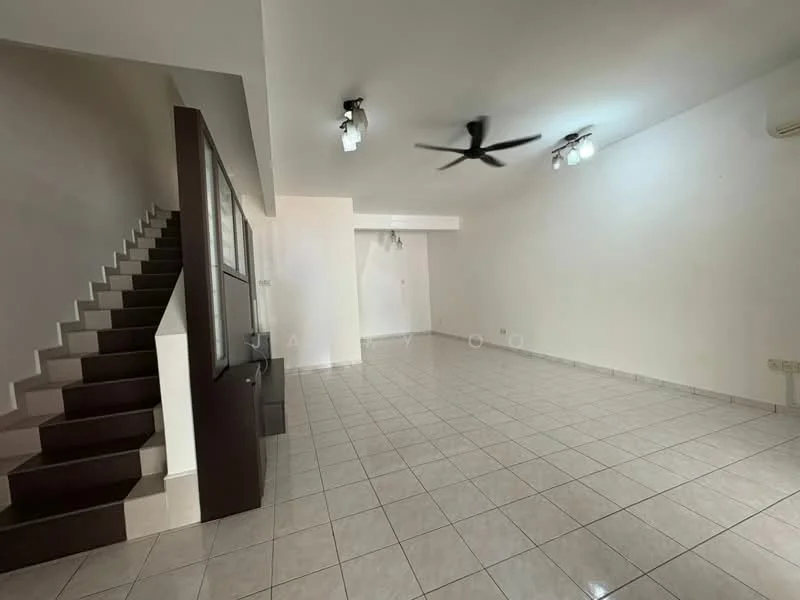 Living features: white painted walls, glossy ceramic tile flooring, 5-blade ceiling fan with light, recessed downlights, large windows, staircase with white risers, built-in cabinet, air conditioning unit; style: modern.