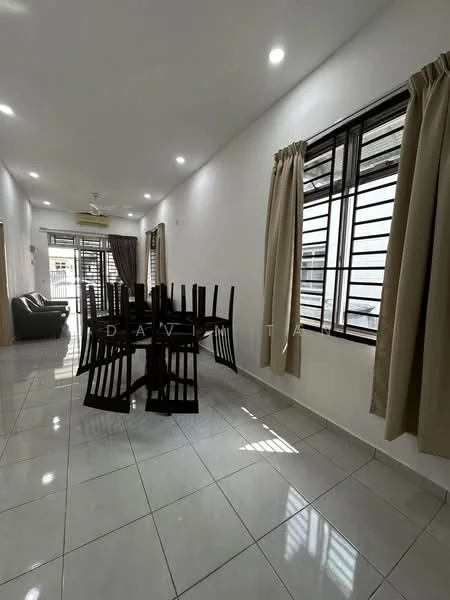 Dining features: rectangular wooden dining table, 8 wooden dining chairs, white painted walls, glossy ceramic tile flooring, ceiling fan with light, large window with metal grilles, curtains in beige, natural light from window; style: modern. Living features: 3-seater fabric sofa in dark color, white painted walls, glossy ceramic tile flooring, ceiling fan with light, large window with metal grilles, curtains in beige, natural light from window; style: modern.