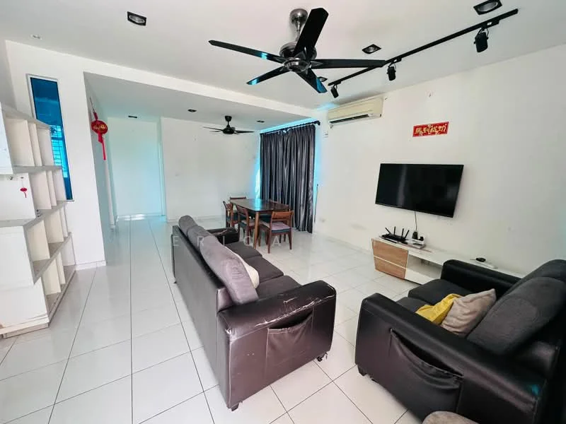 Living features: white painted walls, glossy white tile flooring, 5-blade ceiling fan with light, 2-seater fabric sofa in grey, 3-seater leather sofa in black, coffee table, wall-mounted TV, entertainment unit, dining table with chairs, curtains, air conditioning unit, decorative wall art; style: modern.
