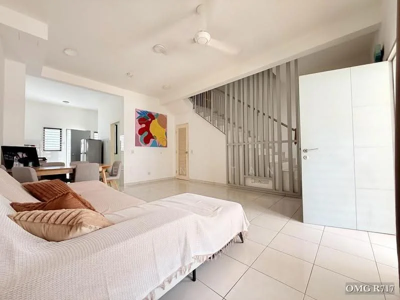 Living features: white painted walls, tile flooring, 5-blade ceiling fan, sofa with beige upholstery, decorative cushions, area rug, wall-mounted artwork, staircase with metal railing, large window for natural light, open layout to adjacent room; style: modern. Room features: white painted walls, tile flooring, staircase with metal railing, door leading to unknown space.