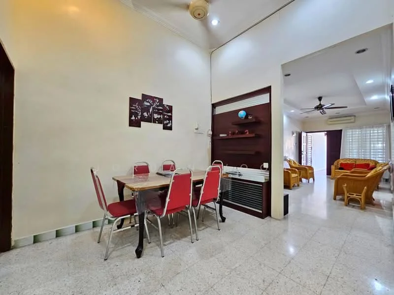 Dining features: dining table with 4 chairs, white walls, ceiling fan, marble flooring, wall-mounted decorative panel, air conditioning unit, open layout to living area; style: modern. Living features: sofa set, wooden coffee table, light-colored walls, ceiling fan, large windows with natural light, marble flooring; style: modern.