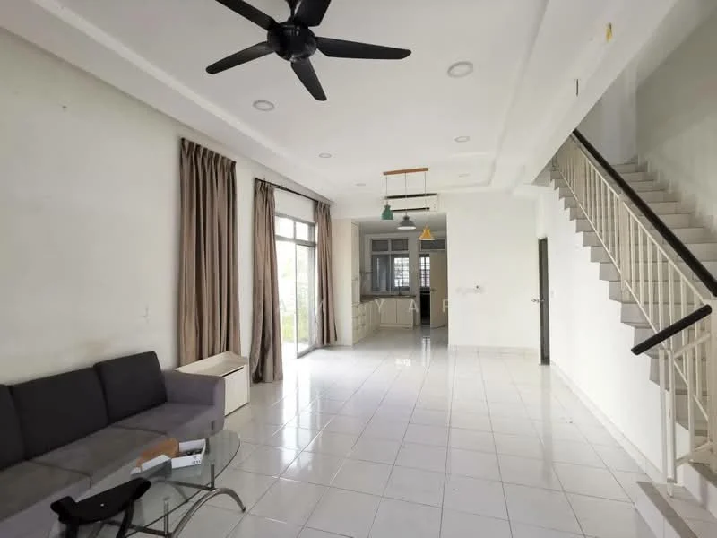 Living features: grey fabric sofa, glass coffee table, white tiled flooring, white painted walls, ceiling fan with 5 blades, large windows with sheer curtains, recessed downlights, decorative pendant lights, open layout to kitchen, staircase leading to upper floor; style: modern.