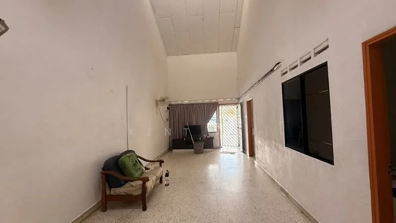 Room features: white painted walls, high ceiling, tile flooring, ceiling fan, large window with security grille, sliding glass door, curtains, wall-mounted TV, sofa, coffee table; style: minimalist.