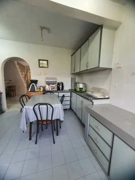 Kitchen features: grey laminate countertop, white cabinets with grey trim, dining table with 6 black chairs, stainless-steel kettle, toaster, coffee machine, microwave, built-in cabinets, tile flooring, wall-mounted shelves, recessed ceiling light; style: modern.