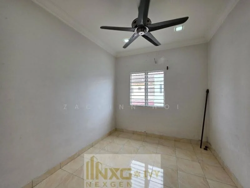 Room features: white painted walls, cream tiled flooring, 5-blade ceiling fan, window with horizontal slats, light fixtures in ceiling, corner floor space, vertical pole in corner.