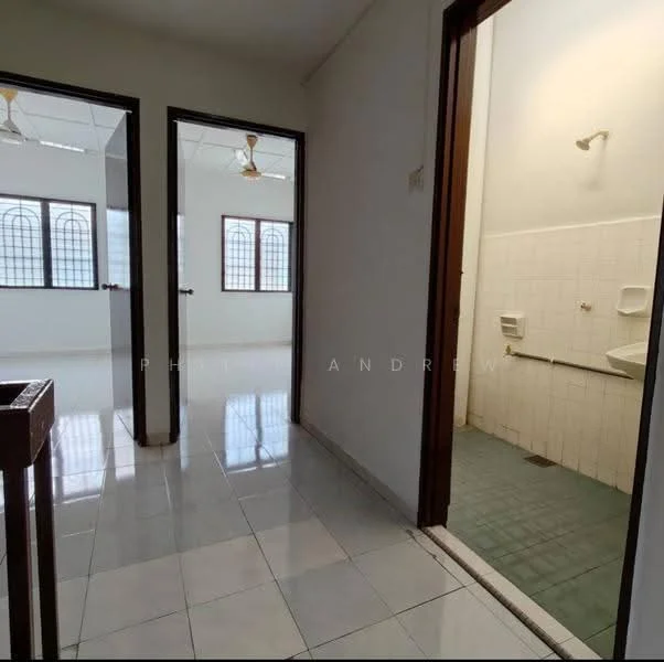 Room features: white painted walls, glossy ceramic tile flooring, 2 ceiling fans, arched windows with grid pattern, doorway leading to bathroom, doorway leading to another room, neutral color scheme, natural light from windows; style: modern.