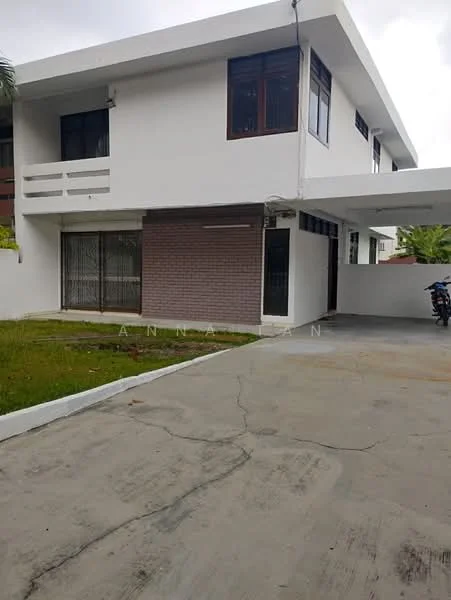 Exterior type: detached bungalow; features: white painted facade, brick accent wall, flat roof, single-storey, manicured lawn, concrete driveway, covered car porch, large windows, surrounded by greenery; style: modern.