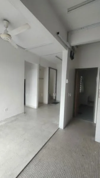Room features: white painted walls, ceiling with exposed beams, ceiling fan, tile flooring, natural light from windows, open layout, neutral color scheme, partition walls; style: minimalist.