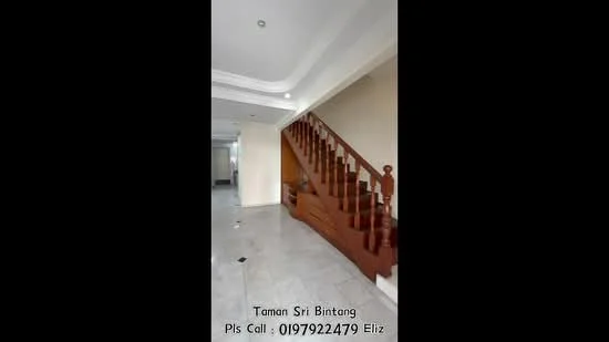 Room features: marble flooring, white painted walls, wooden staircase with balustrade, recessed downlights, crown moulding, open space layout, natural light from windows, decorative ceiling; style: modern.