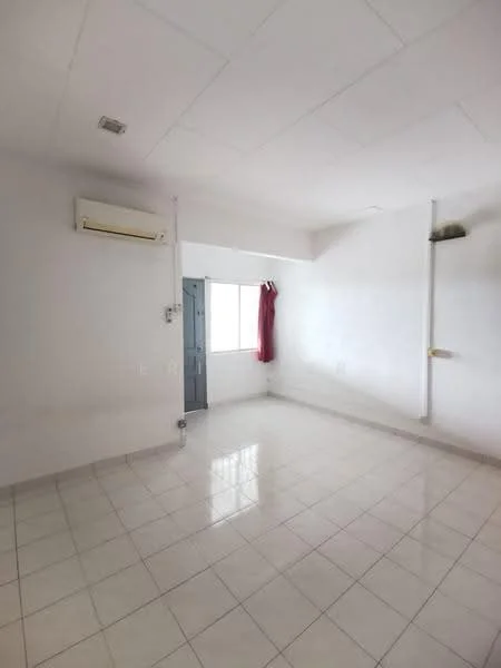Room features: white painted walls, white tiled flooring, 1 wall-mounted split AC, window with natural light, curtain on window, ceiling with recessed lighting, corner pipe, door leading to another room.