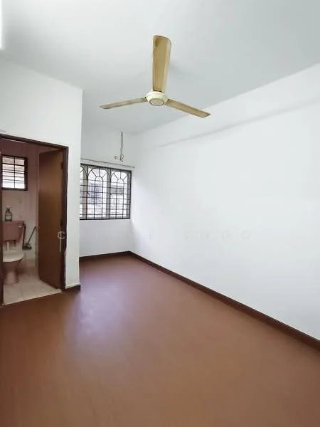 Room features: white painted walls, brown laminate flooring, 5-blade ceiling fan, window with metal grille, door leading to bathroom, natural light from window; style: modern.