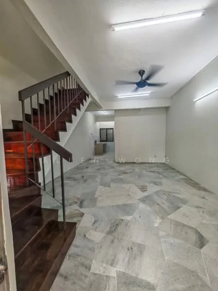 Room features: marble tile flooring, white painted walls, ceiling fan, staircase with wooden steps, LED strip lighting, large windows, open layout, neutral color scheme; style: modern.