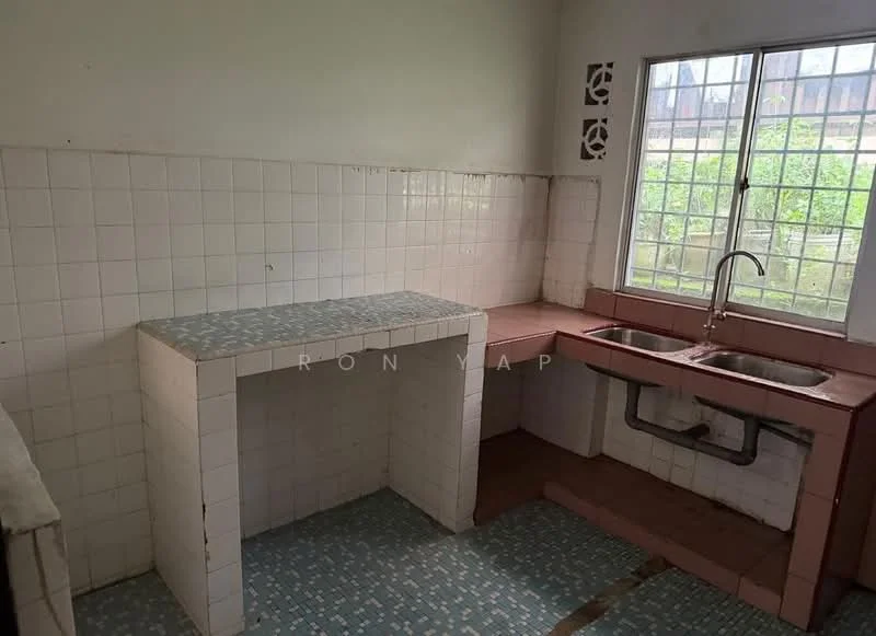 Kitchen features: white tiled walls, pink tiled countertop, single-bowl stainless-steel sink, chrome faucet, window with metal grille, greenery view outside, floor with vinyl tiles, built-in countertop space; view: garden.