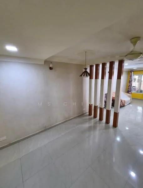 Room features: white painted walls, polished ceramic tile flooring, 5-blade ceiling fan with light, pendant lamp, wooden partition, large window with natural light; style: modern.