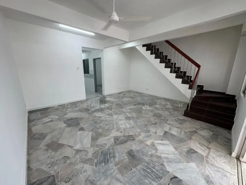 Living features: marble tile flooring, white painted walls, ceiling fan, staircase with wooden steps, large windows for natural light, open layout, neutral color scheme, no visible furniture; style: modern.