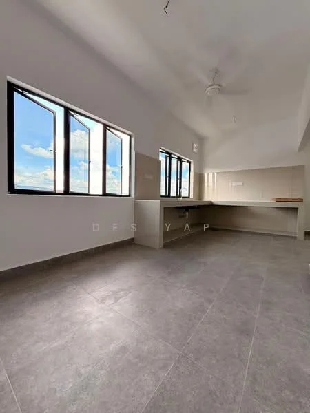 Room features: large windows, grey tile flooring, white painted walls, ceiling fan, high ceiling, open layout, kitchen countertop, natural light; style: modern; view: sky.