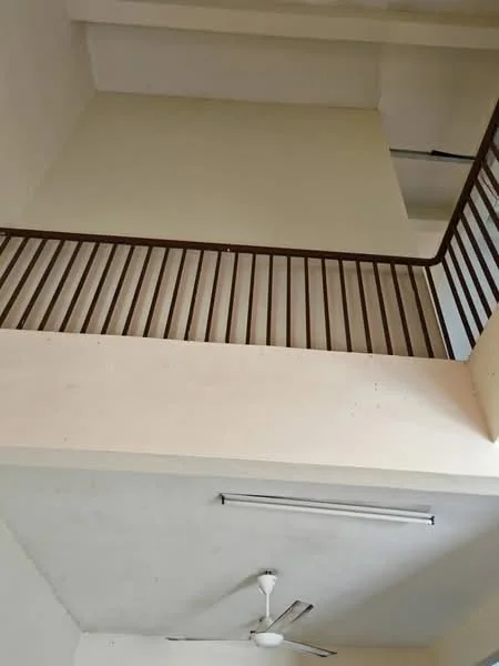 Room features: high ceiling, white painted walls, wooden railing, ceiling fan, recessed lighting; style: modern.