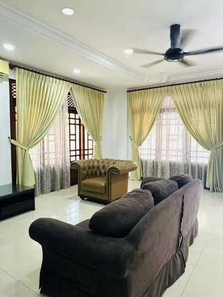 Living features: 3-seater fabric sofa in dark grey, armchair in brown leather, cream curtains with sheer underlayer, floor-to-ceiling windows, recessed ceiling lights, polished tile flooring, decorative wall paneling, ceiling fan; style: modern.