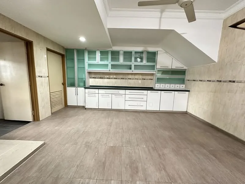 Room features: light wood laminate flooring, cream painted walls, white cabinetry with glass-front upper cabinets, black countertop, built-in kitchen shelving, recessed ceiling lights, ceiling fan, tile backsplash, wall-mounted storage compartments; style: modern.