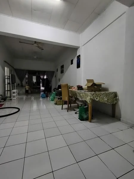Living features: white painted walls, tiled flooring, ceiling fan, dining table, wooden dining chairs, decorative tablecloth, boxes on table, green storage bins, curtains, open layout, light fixtures, wall-mounted artwork.